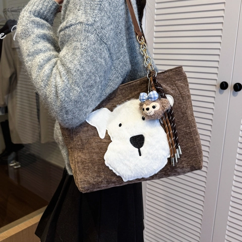 Vintage Cord Große Kapazität Tote Bag Für Damen Mode Cartoon Hund Patchwork Schultertasche Mit Metallkette Riemen Braun