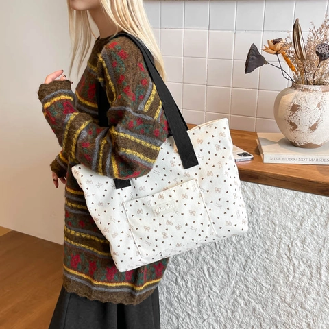 Women Polka Dot Bow Heart Print Fabric Tote Bag Large Capacity Casual Shoulder Bag Minimalist Autumn Winter Fashion Bag