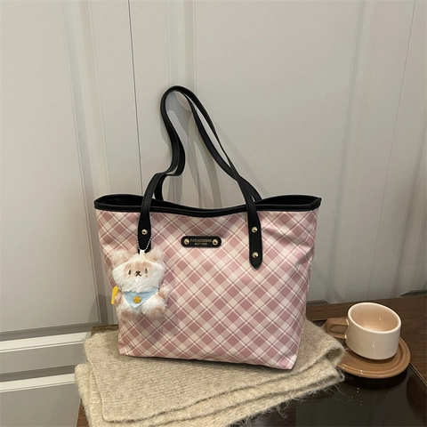Bolso Tote de Moda para Mujer a Cuadros Gran Capacidad Bolso de Hombro de Lona Color de Contraste Bolso de Mano Casual Con Colgante de Oso