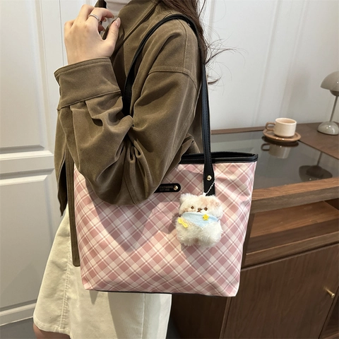 Bolso Tote de Moda para Mujer a Cuadros Gran Capacidad Bolso de Hombro de Lona Color de Contraste Bolso de Mano Casual Con Colgante de Oso