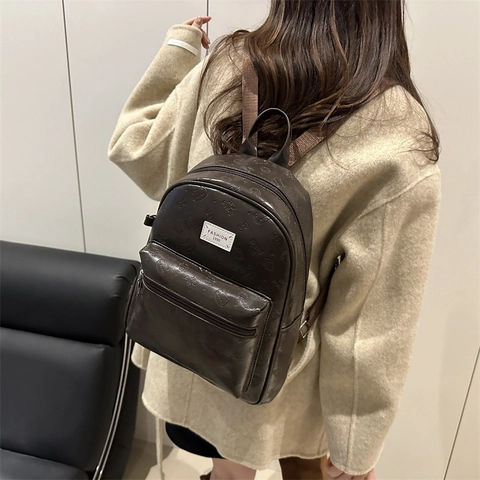 Zaino in Pelle PU Con Goffratura a Gatto Retrò per Donna Grande Capacità Moda Niche Borsa per Scuola Pendolare Marrone Nero Caffè