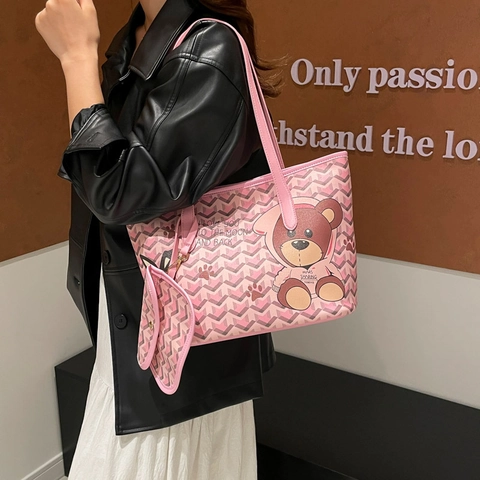 Fashion PU Leather Cartoon Bear Chevron Pattern Tote Bag And Small Pouch Set Women Large Capacity Printing Shoulder Bag