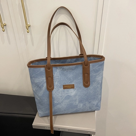 Bolso Tote De Cuero PU De Gran Capacidad Para Mujer Pespuntes Color De Contraste Bolso De Hombro Trabajo Otoño Invierno Casual