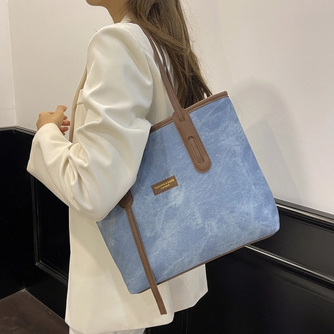 Bolso Tote De Cuero PU De Gran Capacidad Para Mujer Pespuntes Color De Contraste Bolso De Hombro Trabajo Otoño Invierno Casual