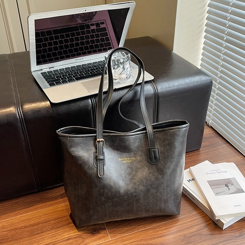 Vintage PU Leather Tote Bag For Women Large Capacity Minimalist Shoulder Bag Commuting Work Solid Color Fashion Handbag
