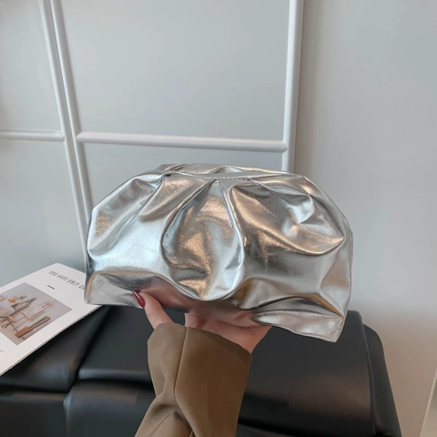 Metallic PU Lederen Geplooide Clutch Tas Elegante Wolk Handtas Voor Vrouwen Mode Avondfeest Bruiloft Accessoire