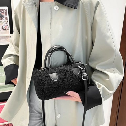 Lamb Wool Plush Small Square Crossbody Bag For Women Autumn Winter Fashion PU Leather Handbag Shoulder Bag