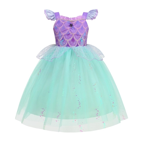 Mädchen Meerjungfrau Prinzessin Kleid Pailletten Netz Tüll Geburtstag Party Gown Gestuftes Kuchen Kleid Rollenspiel Ärmellos Bedruckt