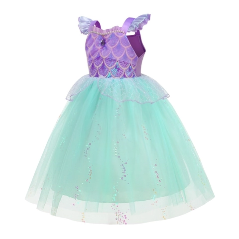 Mädchen Meerjungfrau Prinzessin Kleid Pailletten Netz Tüll Geburtstag Party Gown Gestuftes Kuchen Kleid Rollenspiel Ärmellos Bedruckt