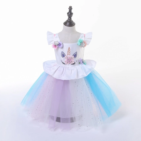Mädchen Einhorn Prinzessin Kleid Buntes Netz Pailletten Kostüm Tüllkleid Für Halloween Geburtstag Party Aufführung