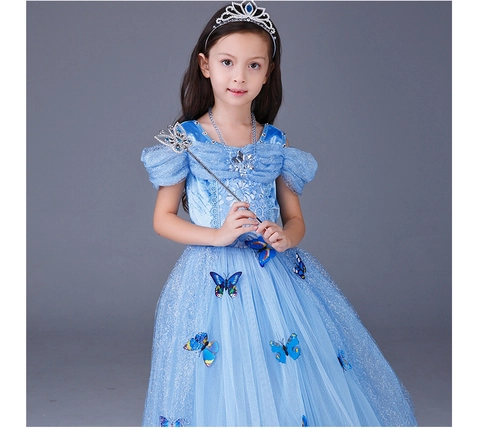 Mädchen Prinzessinnenkleid Kurzarm Netz-Tutu-Kleid Mit Schmetterlingsakzenten Schimmernde Pailletten Party-Kostüm Für Kinder Blau