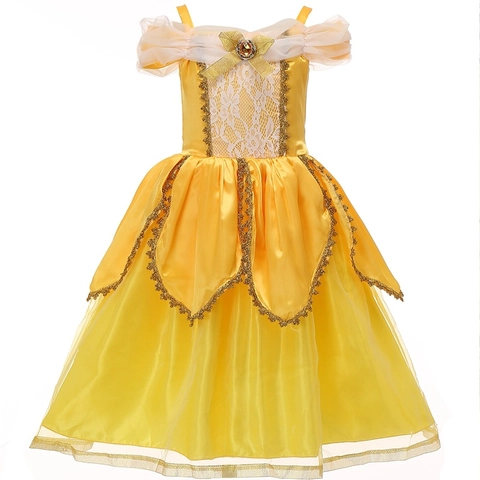 Robe de Princesse Belle pour Filles La Belle et la Bête Costume de Cosplay Jaune Dentelle Maille Tulle Robe pour Fête Halloween