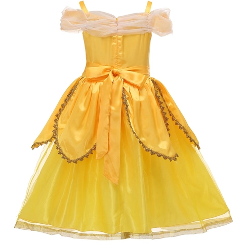 Robe de Princesse Belle pour Filles La Belle et la Bête Costume de Cosplay Jaune Dentelle Maille Tulle Robe pour Fête Halloween