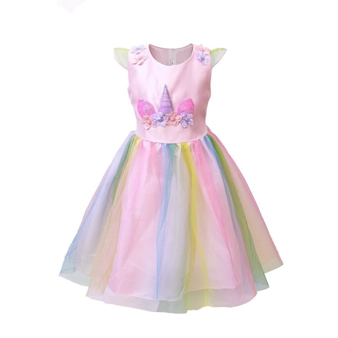 Girls Unicorn Rainbow Tulle Princess Dress Sleeveless 3D Flower Applique Party Birthday Dress For Kids 3-8 Years