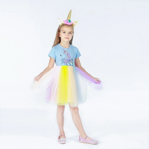 Vestido de Princesa Tutú de Malla de Arco Iris de Unicornio para Niñas Disfraz de Camiseta de Manga Corta de Dibujos