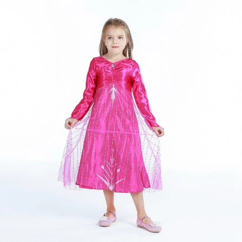 Abito da Principessa a Maniche Lunghe per Bambine Rosso Rosa in Rete con Stampa di Fiocchi di Neve per Festa di Natale