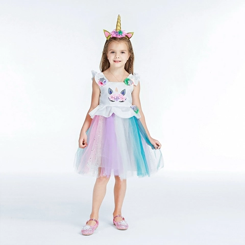 Vestito da Principessa Unicorno per Ragazze Tutu in Rete Arcobaleno Con Paillettes e Cerchietto Per Halloween Compleanno