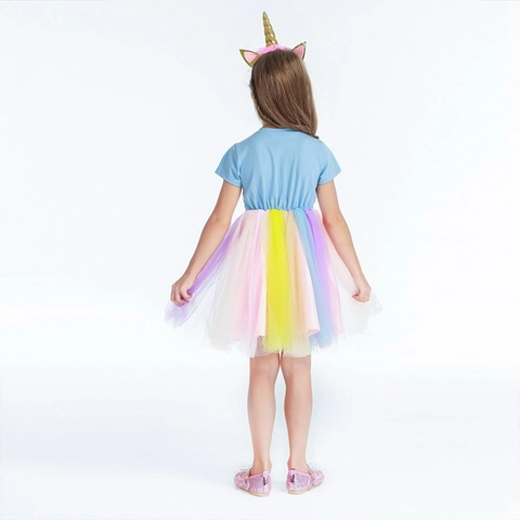 Vestido de Princesa Tutú de Malla de Arco Iris de Unicornio para Niñas Disfraz de Camiseta de Manga Corta de Dibujos