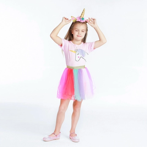 Mädchen Einhorn Regenbogen Tutu Rock Outfit Baumwolle Rosa Kurzarm Top Mit Stirnband Und Schuhen Kinder Prinzessin Geburtstag