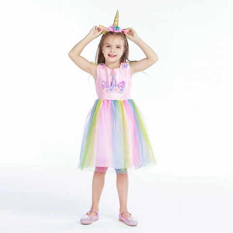 Vestito da Principessa Unicorno per Ragazze Costume da Festa in Tulle a Rete Arcobaleno Con Fascia Compleanno Natale