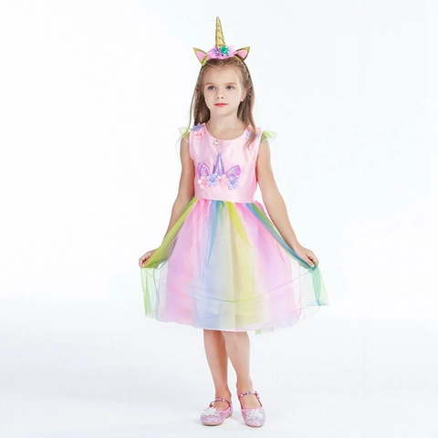Vestito da Principessa Unicorno per Ragazze Costume da Festa in Tulle a Rete Arcobaleno Con Fascia Compleanno Natale
