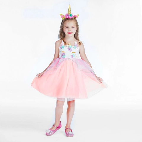 Vestido de Princesa Unicornio para Niñas con Diadema Falda de Tul Rosa con Estampado Floral para Fiesta Halloween Cumpleaños