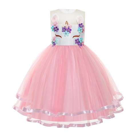 Mädchen Einhorn Prinzessinnenkleid Ärmelloses Netz Tutu Kleid Mit 3D Blumen Für Geburtstag Party Aufführung Hochzeitskleid