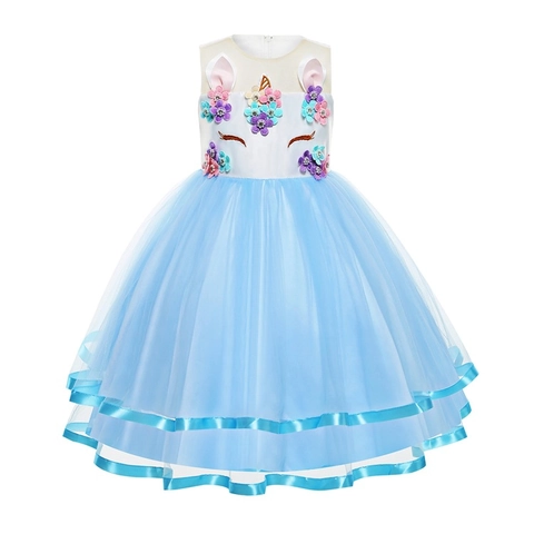 Mädchen Einhorn Prinzessinnenkleid Ärmelloses Netz Tutu Kleid Mit 3D Blumen Für Geburtstag Party Aufführung Hochzeitskleid