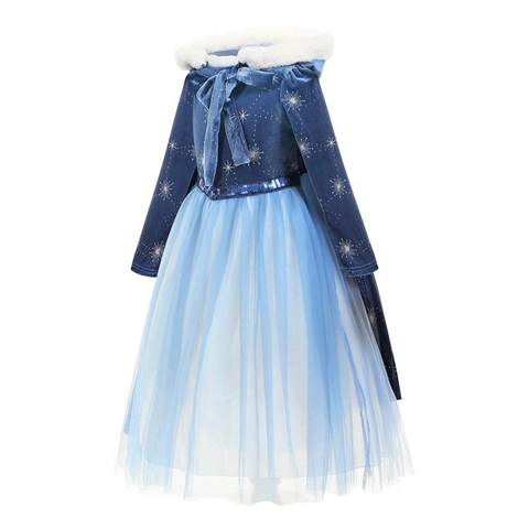 Mädchen Frozen Elsa Prinzessinnen Kleid Umhang Set Baumwolle Netzgewebe Langarm Bedruckt Schneeflocke Party Cosplay Kostüm Für Kinder
