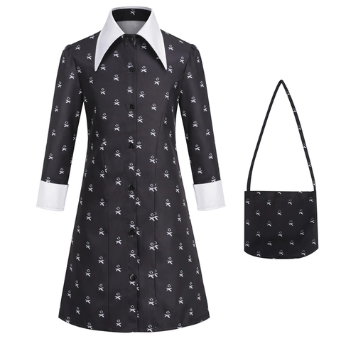 Gothic Meisje Karakter Cosplay Jurk Voor Kinderen Halloween Feest Kostuum Zwart Bedrukt Polyester Katoenmix Lange Mouw Jurk Met Tas