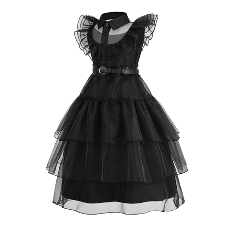 Vestito Gothic Nero da Ragazza in Rete a Strati con Volant e Colletto Peter Pan Cosplay Party Abito Costume Halloween per Bambini