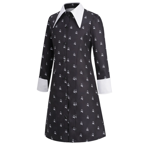 Gothic Meisje Karakter Cosplay Jurk Voor Kinderen Halloween Feest Kostuum Zwart Bedrukt Polyester Katoenmix Lange Mouw Jurk Met Tas