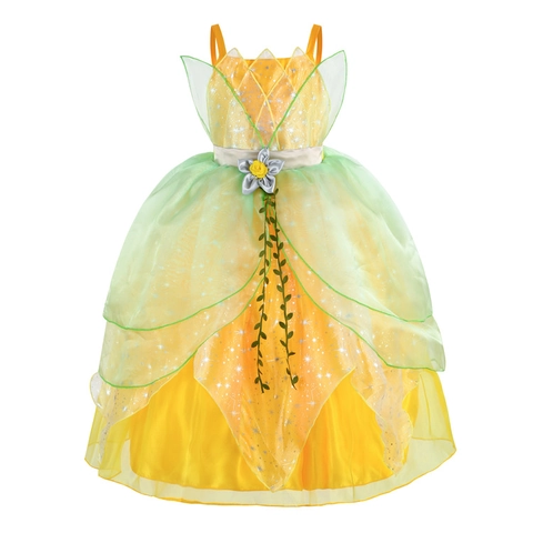Robe de Princesse Fée pour Filles Jaune Vert Maille Tulle Costume Paillettes Motif Étoile Halloween Jeu de Rôle Robe de Performance pour Enfants