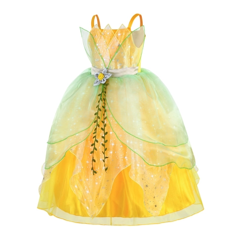 Robe de Princesse Fée pour Filles Jaune Vert Maille Tulle Costume Paillettes Motif Étoile Halloween Jeu de Rôle Robe de Performance pour Enfants