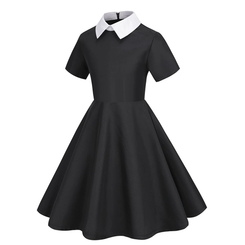 Wednesday Addams Cosplay Kostuum Jurk Voor Dames Meisjes Gothic Zwart Peter Pan Kraag Jurk Met Tas Riem Accessoires