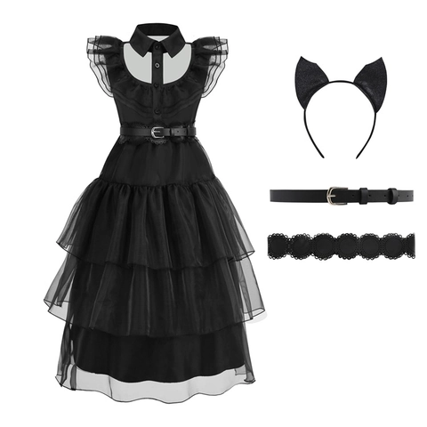 Vestito Gothic Nero da Ragazza in Rete a Strati con Volant e Colletto Peter Pan Cosplay Party Abito Costume Halloween per Bambini