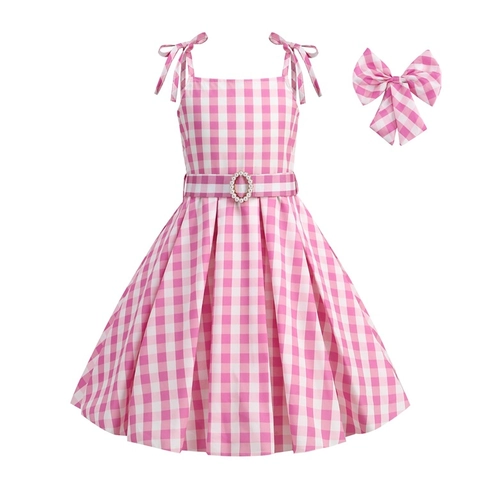 Girls Pink Gingham Princess Dress Summer Sleeveless Bow Tie Strap Dress With Belt Pearl Decor Sweet Cotton Blend Party Dress