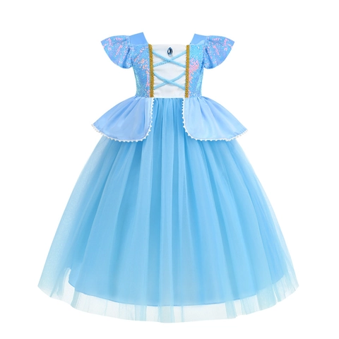 Abito da Principessa per Bambina Blu Chiaro Paillettes Tulle a Rete Halloween Cosplay Stile Cenerentola Fiocco Abito Performance