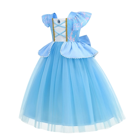 Abito da Principessa per Bambina Blu Chiaro Paillettes Tulle a Rete Halloween Cosplay Stile Cenerentola Fiocco Abito Performance