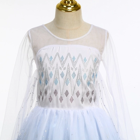 Mädchen Prinzessinnenkleid Mit Eiskönigin Motiv Schneeflocken Druck Netzärmeln Lange Ärmel Kostüm Für Weihnachtsfeier Kinderkleidung
