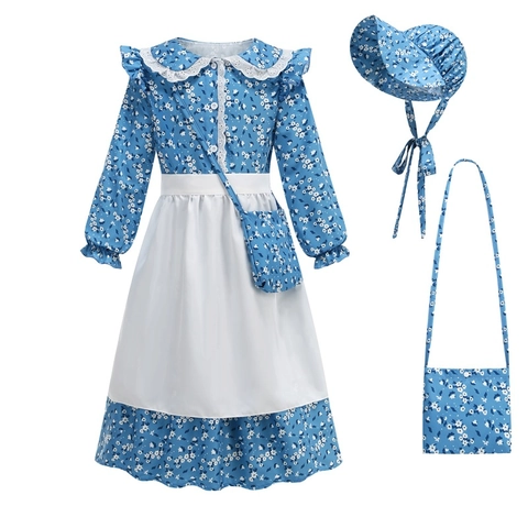 Costume da Pioniera della Prateria per Ragazze Abito a Fiori Maniche Lunghe Outfit con Grembiule Cappello Borsa per Spettacolo Bambini