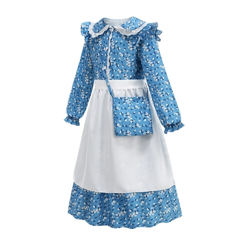 Costume da Pioniera della Prateria per Ragazze Abito a Fiori Maniche Lunghe Outfit con Grembiule Cappello Borsa per Spettacolo Bambini