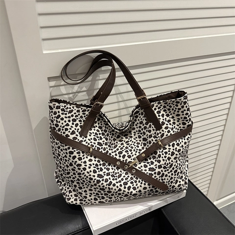 Retro Leopardenmuster Große Kapazität Damen Tragetasche Wildlederimitat Verstellbarer Gurt Schultertasche Lässige Pendler Taschen