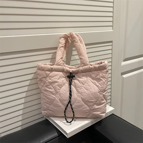 Heart Diamond Quilted Padded Shoulder Bag Large Capacity Lightweight Synthetic Leather Tote Handbag With Drawstring For Women