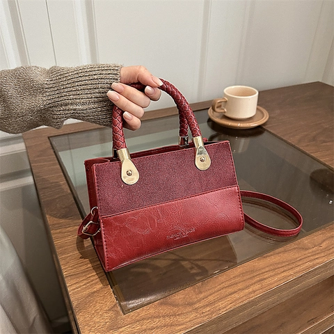 Sac à Épaule Vintage en Cuir Synthétique pour Femmes Couleur Contrastée Sac à Main Poignée Tressée Accesorios Dorés