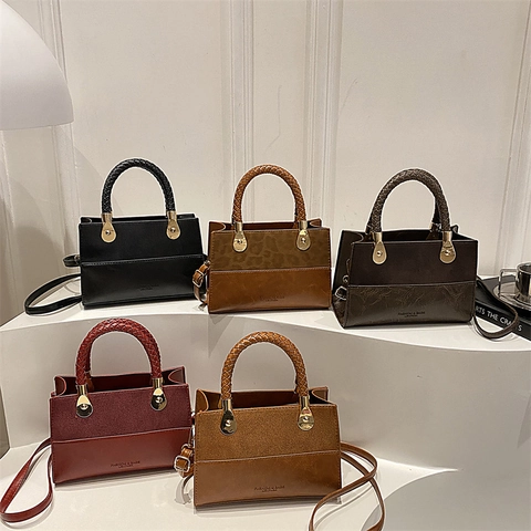 Sac à Épaule Vintage en Cuir Synthétique pour Femmes Couleur Contrastée Sac à Main Poignée Tressée Accesorios Dorés