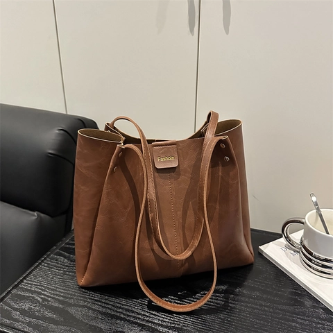 Vintage Minimalist Large Capacity Tote Bag For Women PU Leather Solid Color Shoulder Bag Versatile Daily Handbag