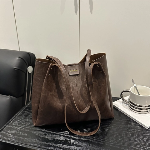 Vintage Minimalist Large Capacity Tote Bag For Women PU Leather Solid Color Shoulder Bag Versatile Daily Handbag