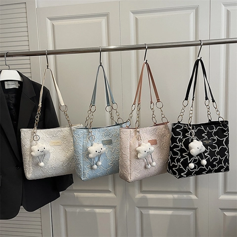 Korean Style Star Pattern Quilted Shoulder Tote Bag For Women With Metal Chain Strap And Cloud Pendant Large Commuter Underarm Bag