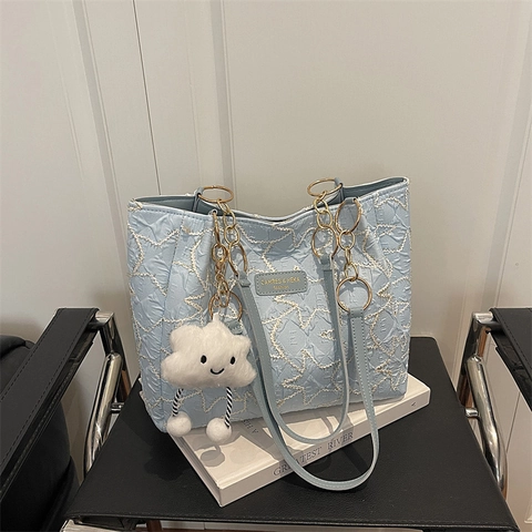Korean Style Star Pattern Quilted Shoulder Tote Bag For Women With Metal Chain Strap And Cloud Pendant Large Commuter Underarm Bag